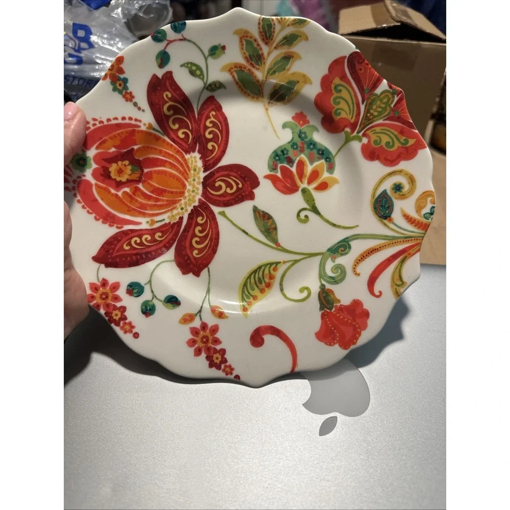 Set of 4 Pier One 8.5 Plates Bright Floral Discontinued Scalloped Rim